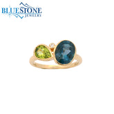 14KYG Bezel Ring w/ Blue Topaz, Peridot & One Diamond - Sz. 7
